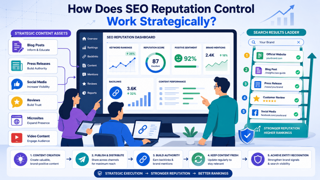 A team analyzing an SEO reputation dashboard showing strategy for controlling SEO reputation through content and backlinks.