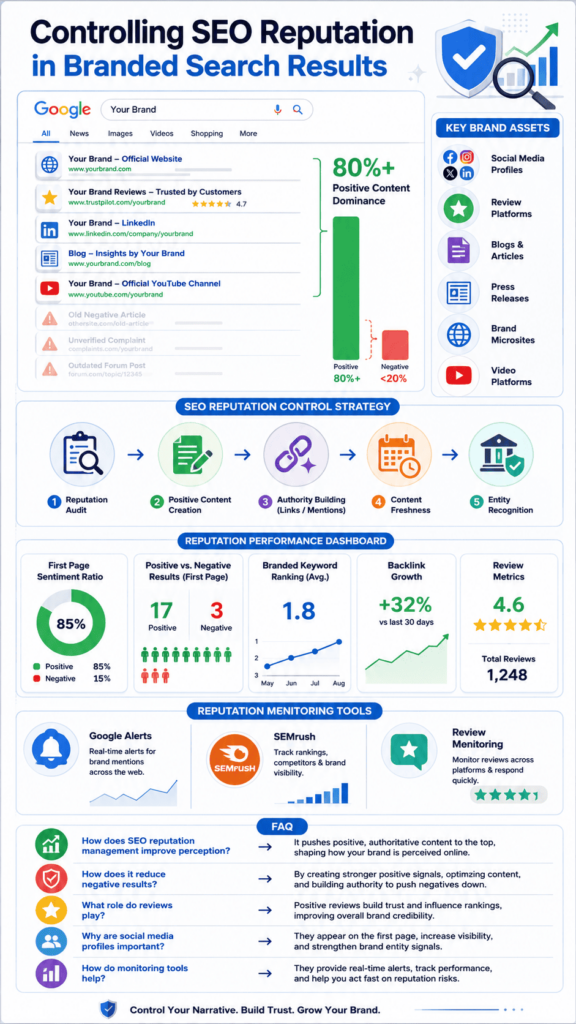 Infographic showing a step-by-step strategy for controlling SEO reputation in branded Google search results.