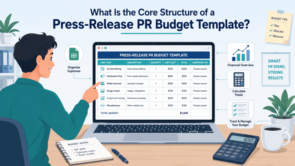 A professional reviewing pr budget templates for small business on a laptop showing line items and totals.