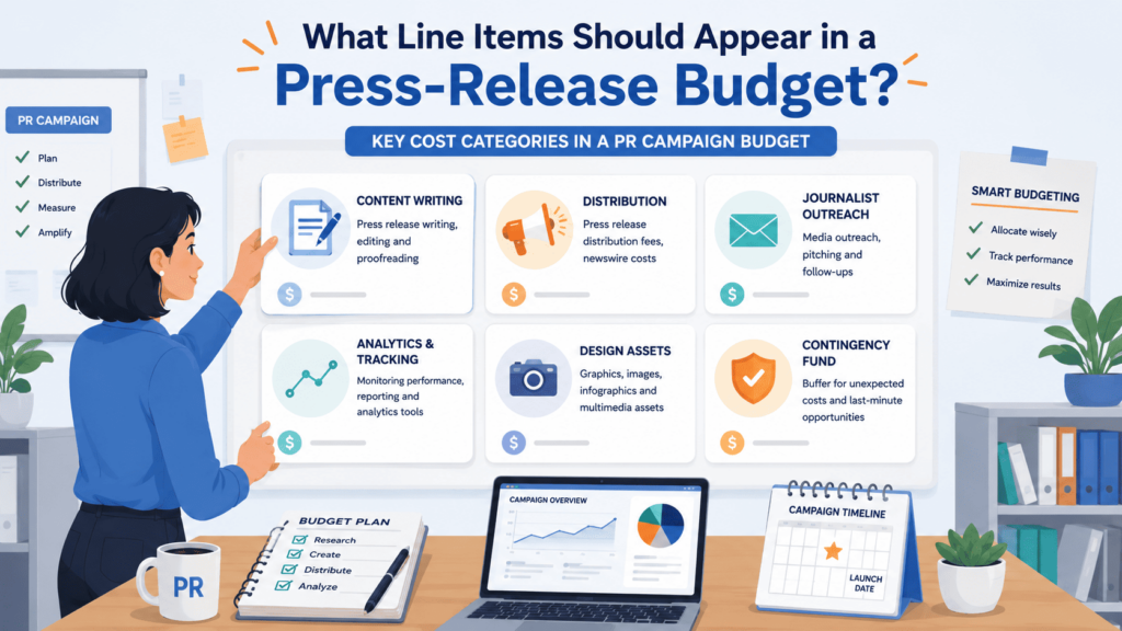 A marketer presenting key cost categories included in pr budget templates for small business press release campaigns.