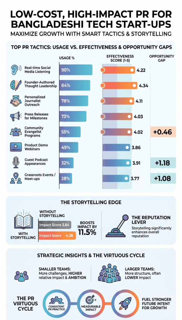 An infographic showing low-cost PR tactics and storytelling strategies using pr budget templates for small business growth.