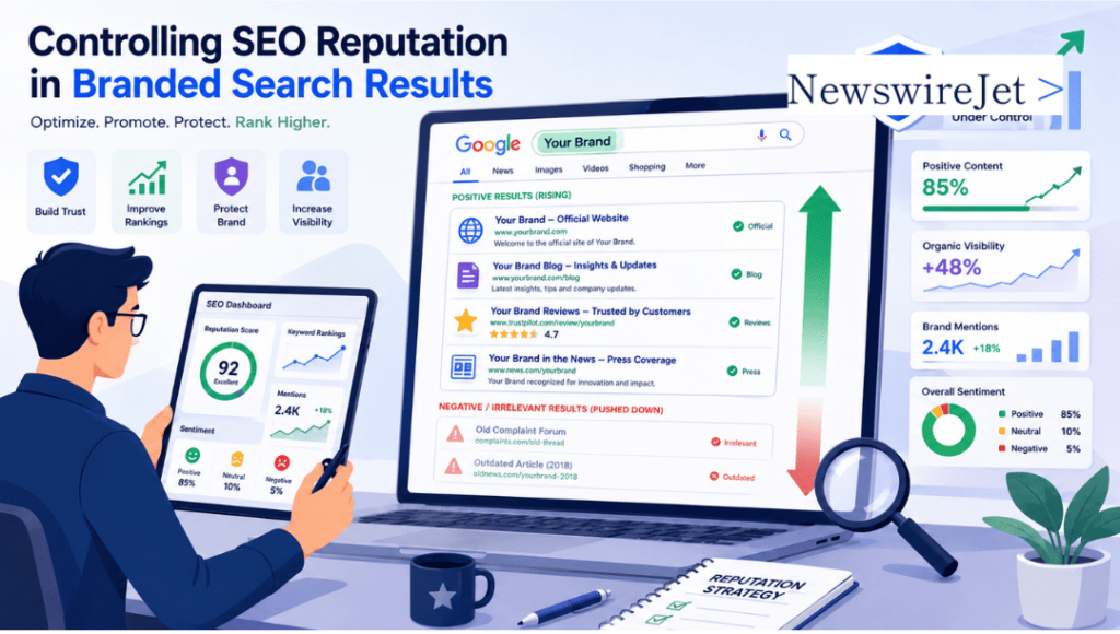 A professional using an SEO dashboard focused on controlling SEO reputation by pushing positive content higher in search.